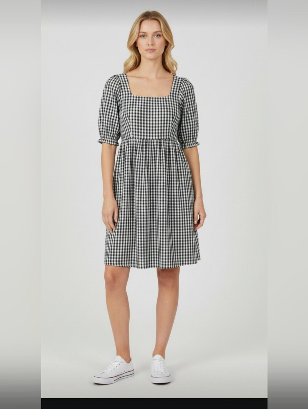 a new day Black & White Gingham Scoop Neck Midi Dress with Puff Sleeves